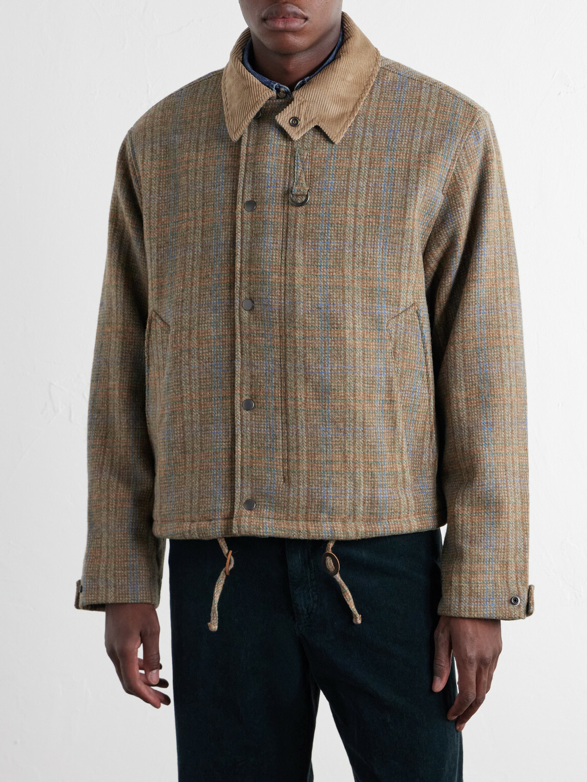 FrizmWORKS - Corduroy-Trimmed Checked Wool Jacket - Neutrals