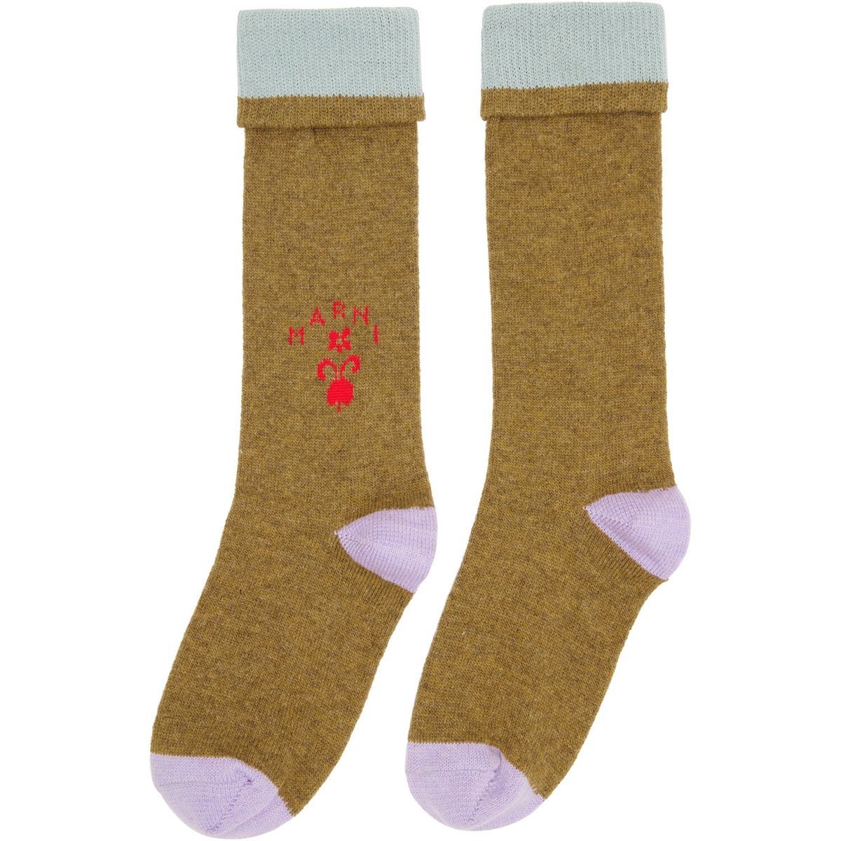 Marni Khaki Wool Flower Logo Socks
