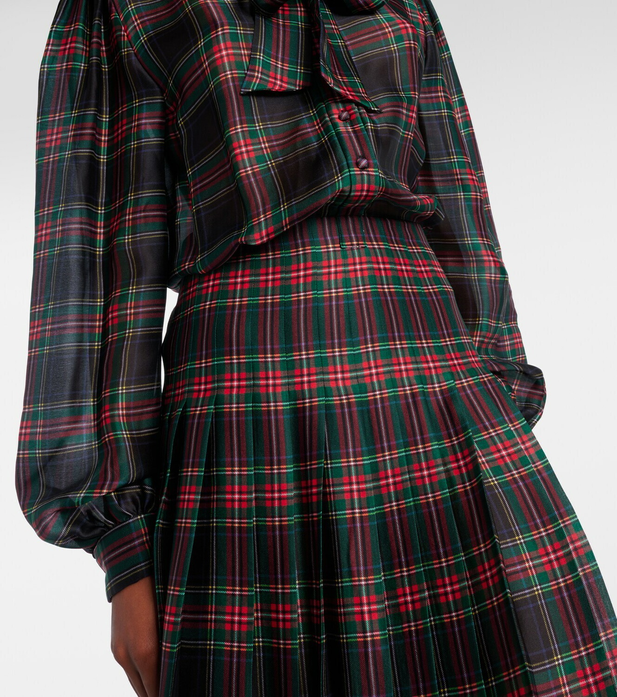 Saint Laurent Checked pleated silk charmeuse midi dress