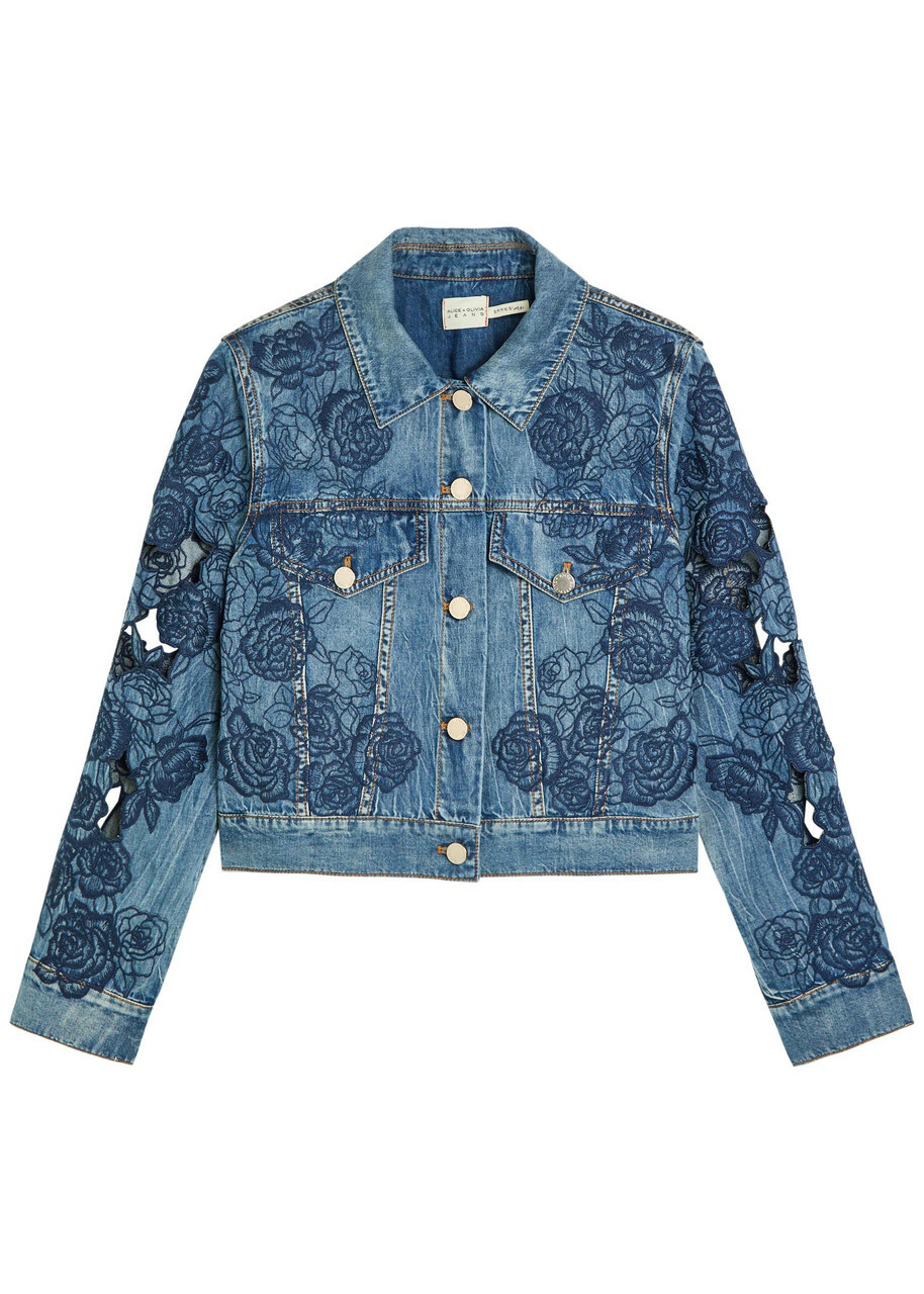 Alice + Olivia Chloe Embroidered Cut-out Denim Jacket Blue