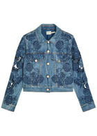 Alice + Olivia Chloe Embroidered Cut-out Denim Jacket Blue