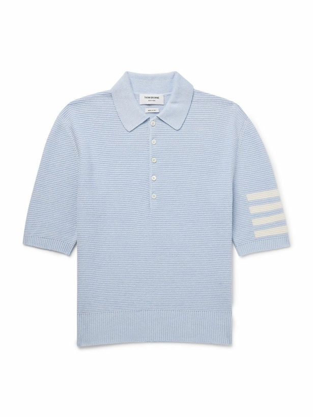 Photo: Thom Browne - Intarsia-Knit Striped Textured Linen and Cotton-Blend Polo Shirt - Blue