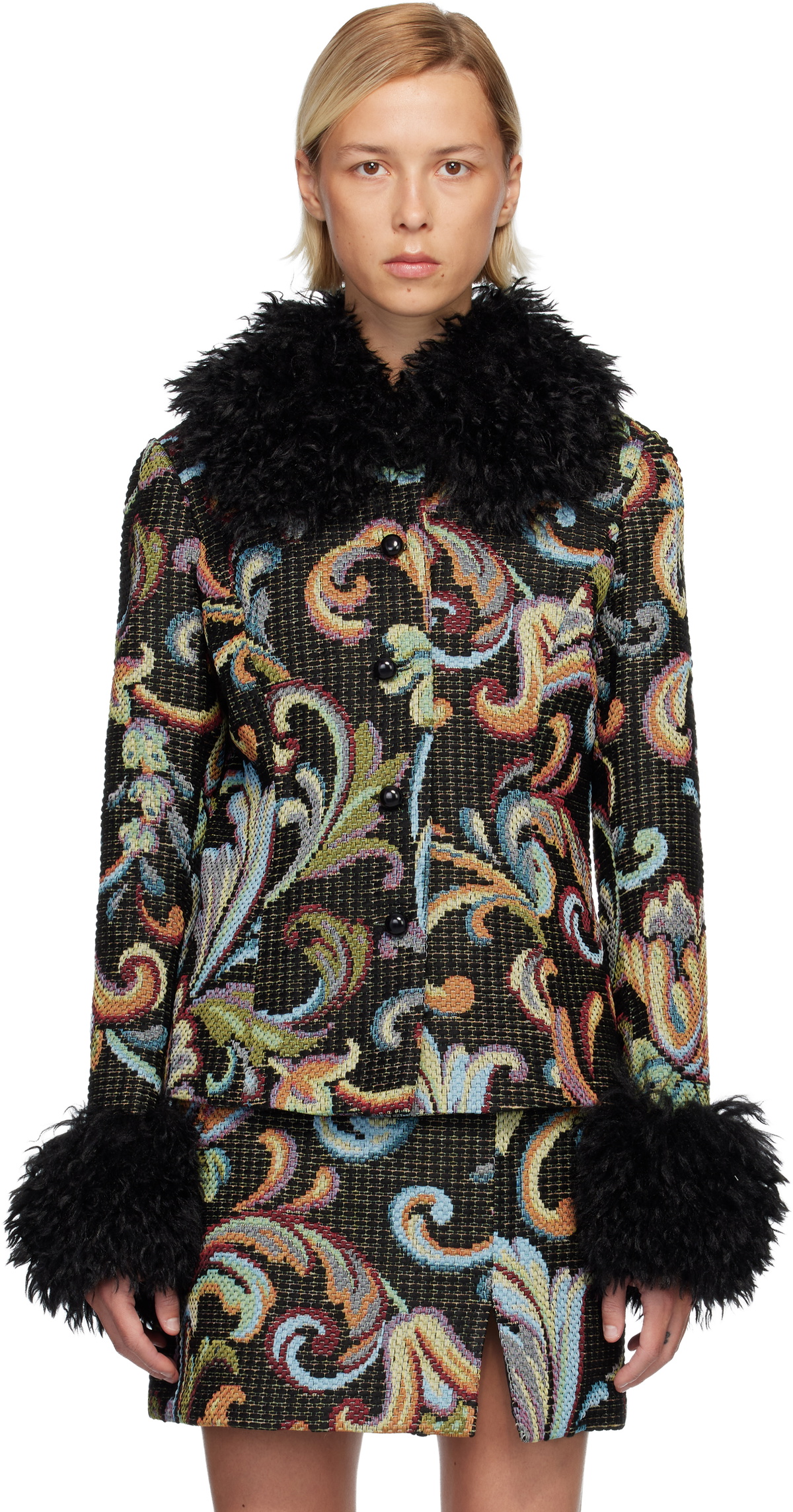 Anna Sui Black Tapestery Faux-Fur Jacket