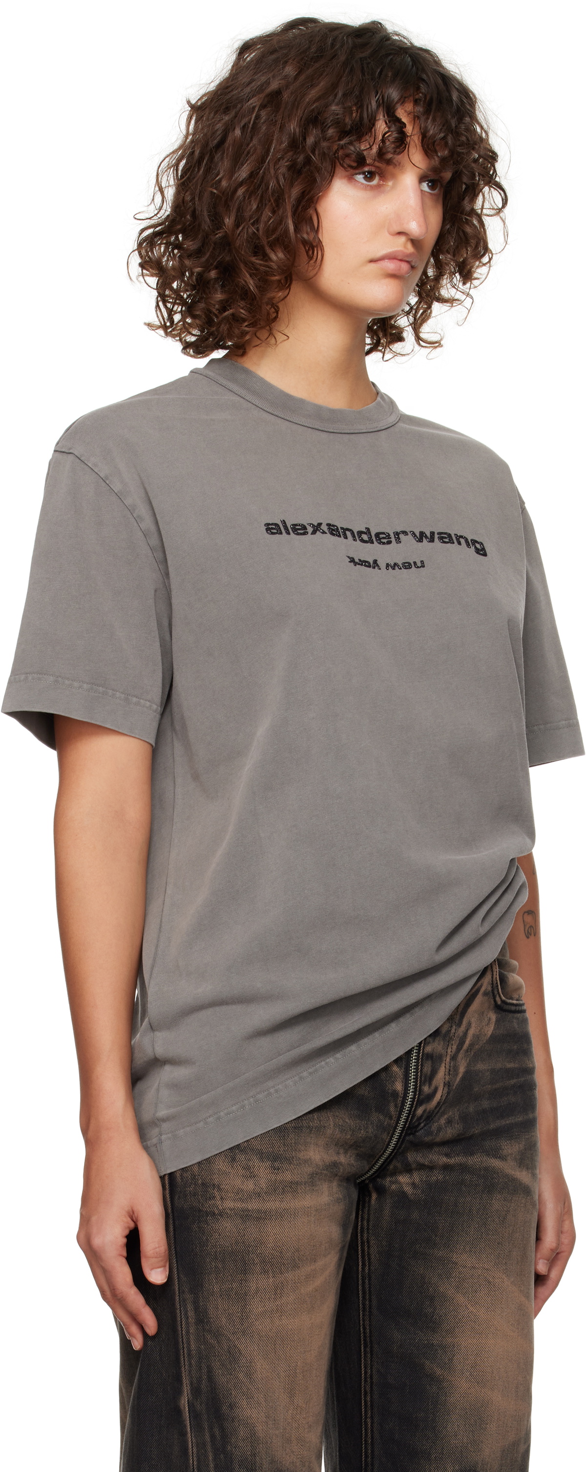 Alexander Wang Gray Glitter Puff Logo T-shirt Alexander Wang