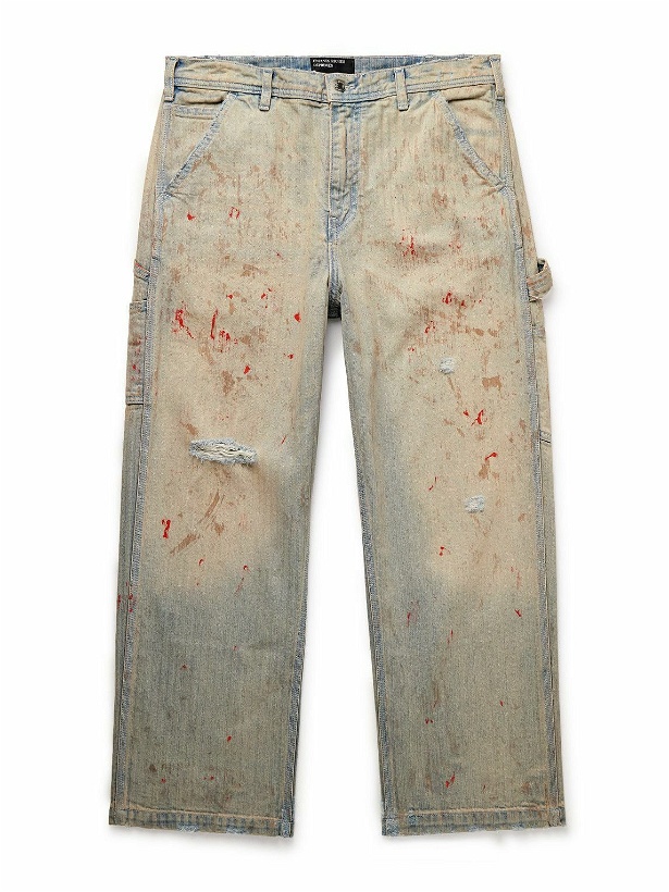 Photo: Enfants Riches Déprimés - Straight-Leg Paint-Splattered Distressed Herringbone Jeans - Blue