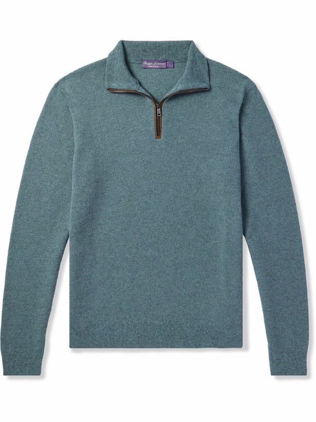 Photo: Ralph Lauren Purple label - Suede-Trimmed Cashmere Half-Zip Sweater - Blue