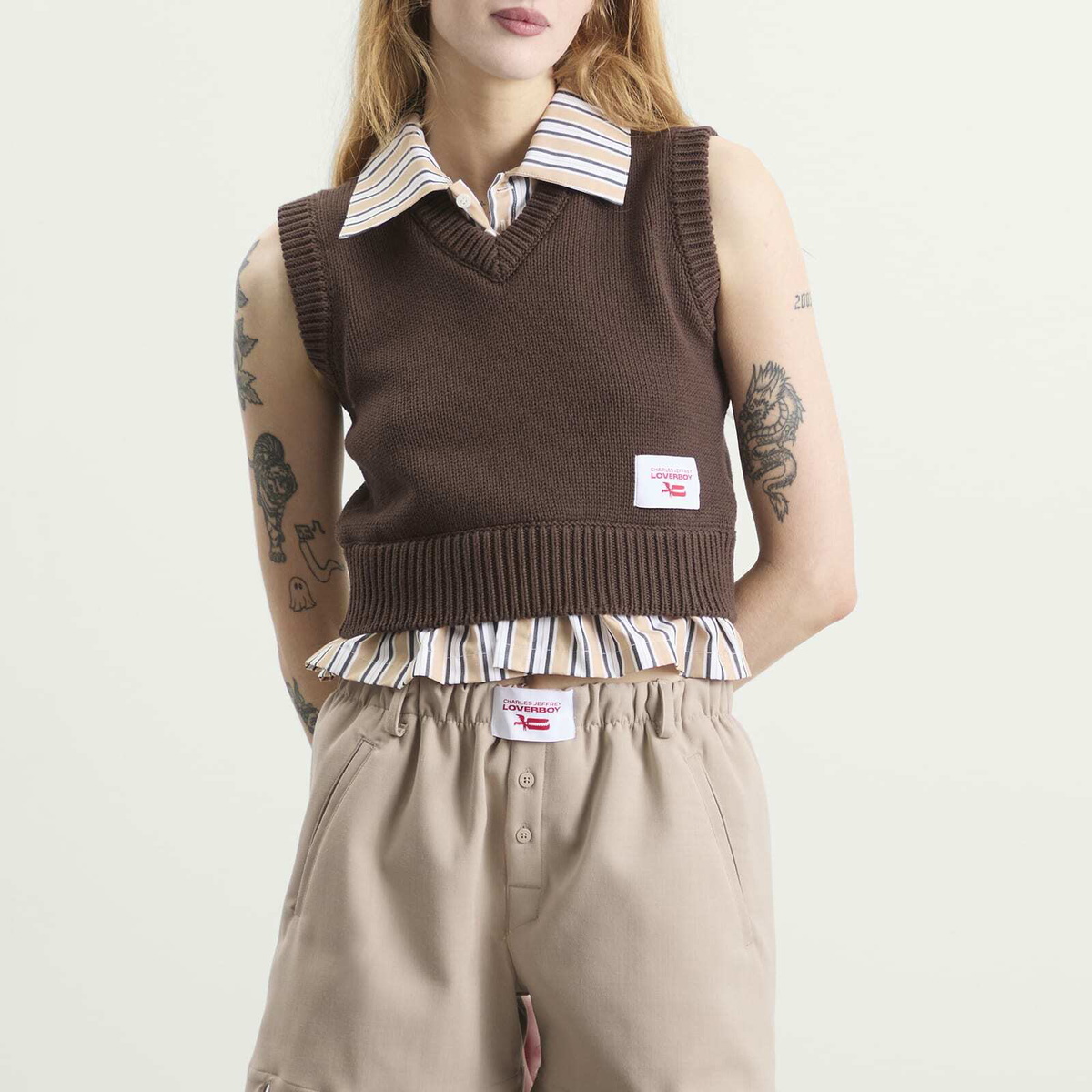 Charles Jeffrey Loverboy Women's Smart Cropped Vest in Brown/Beige Stripe