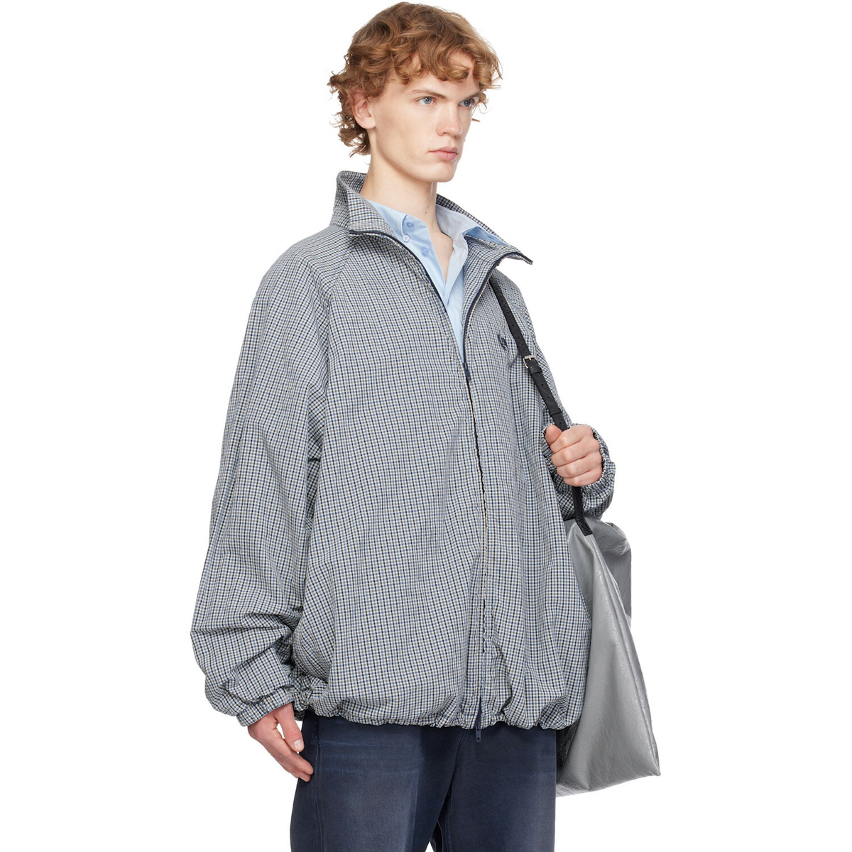 Balenciaga Blue & Beige Cotton Linen Check Zip-Up Jacket