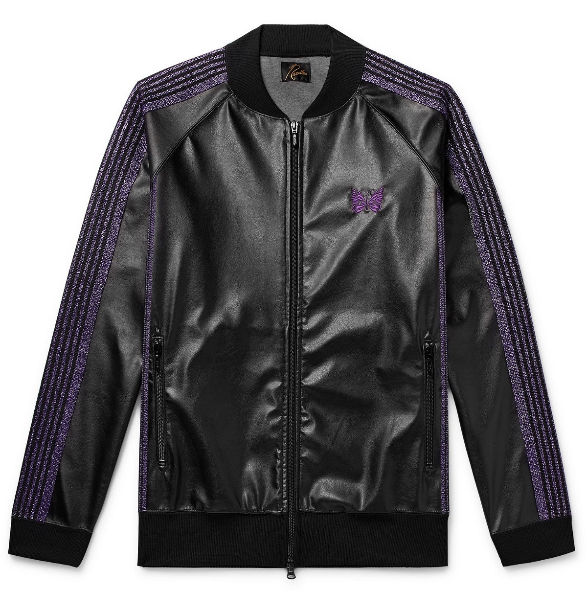 Needles - Logo-Embroidered Webbing-Trimmed Faux Leather Track Jacket - Black