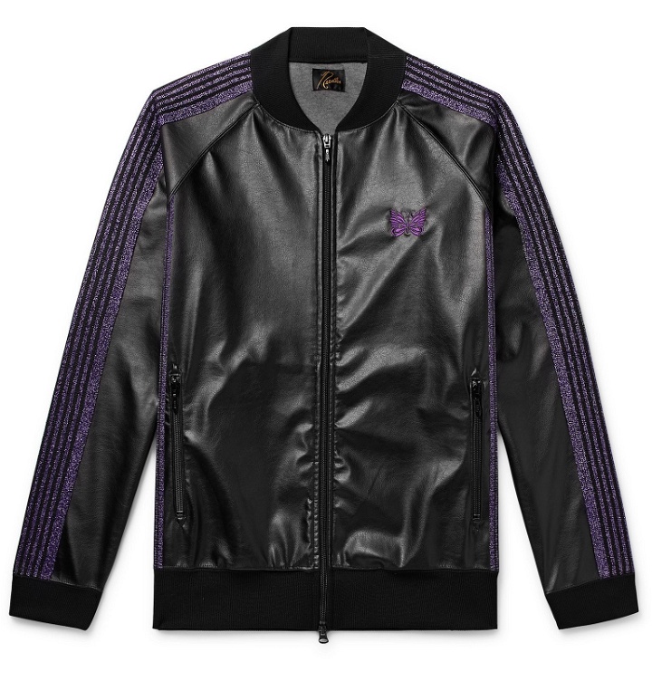 Photo: Needles - Logo-Embroidered Webbing-Trimmed Faux Leather Track Jacket - Black
