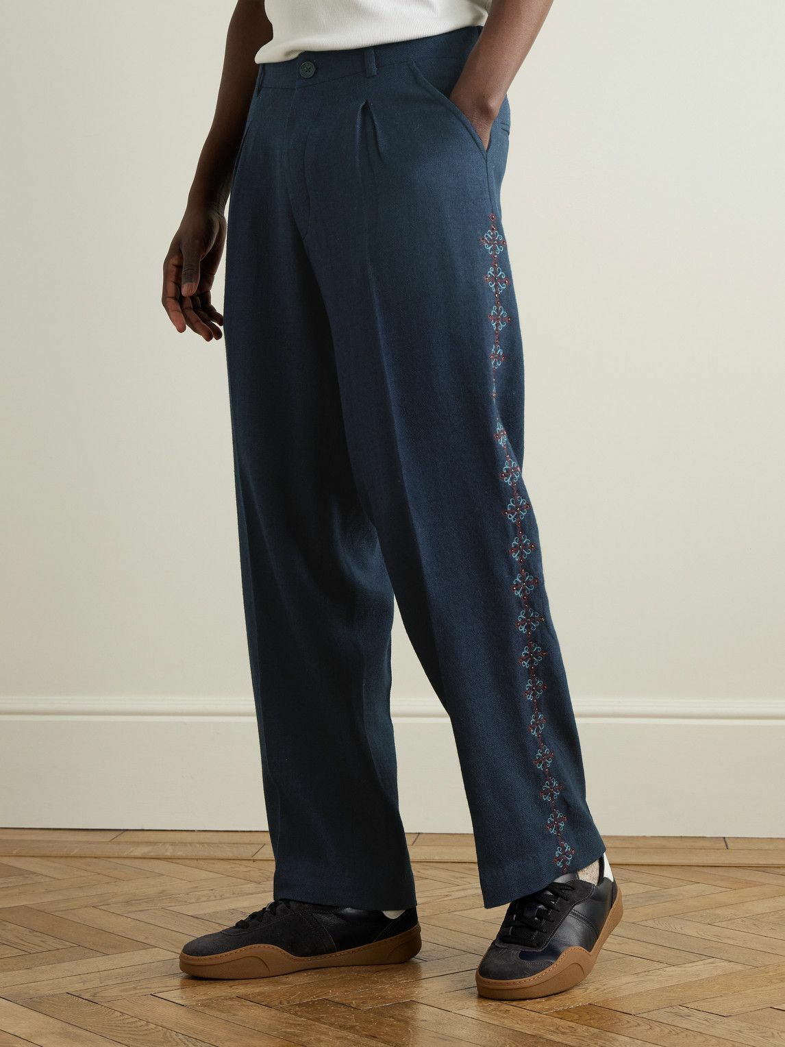 Kartik Research - Pleated Embroidered Wool Straight-Leg Trousers - Blue
