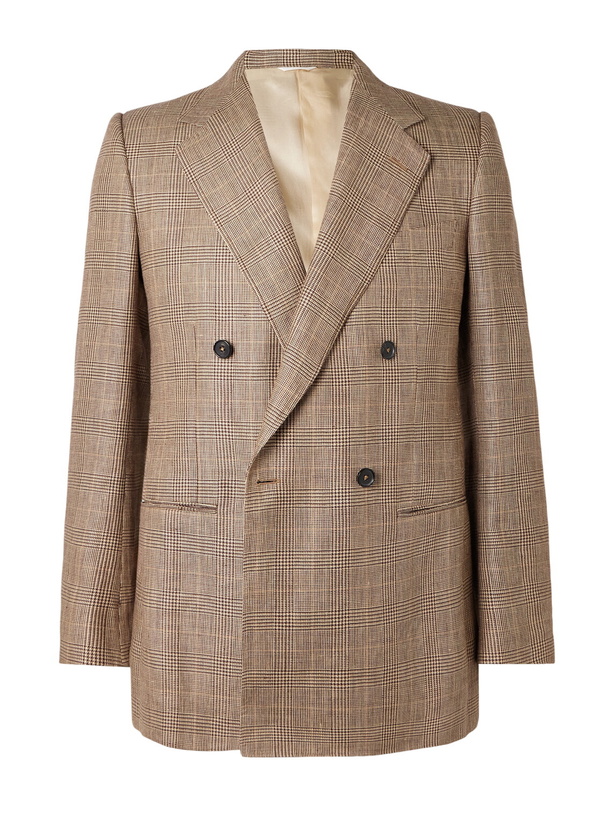 Photo: Husbands - Double-Breasted Prince of Wales Checked Worsted Wool and Linen-Blend Blazer - Brown