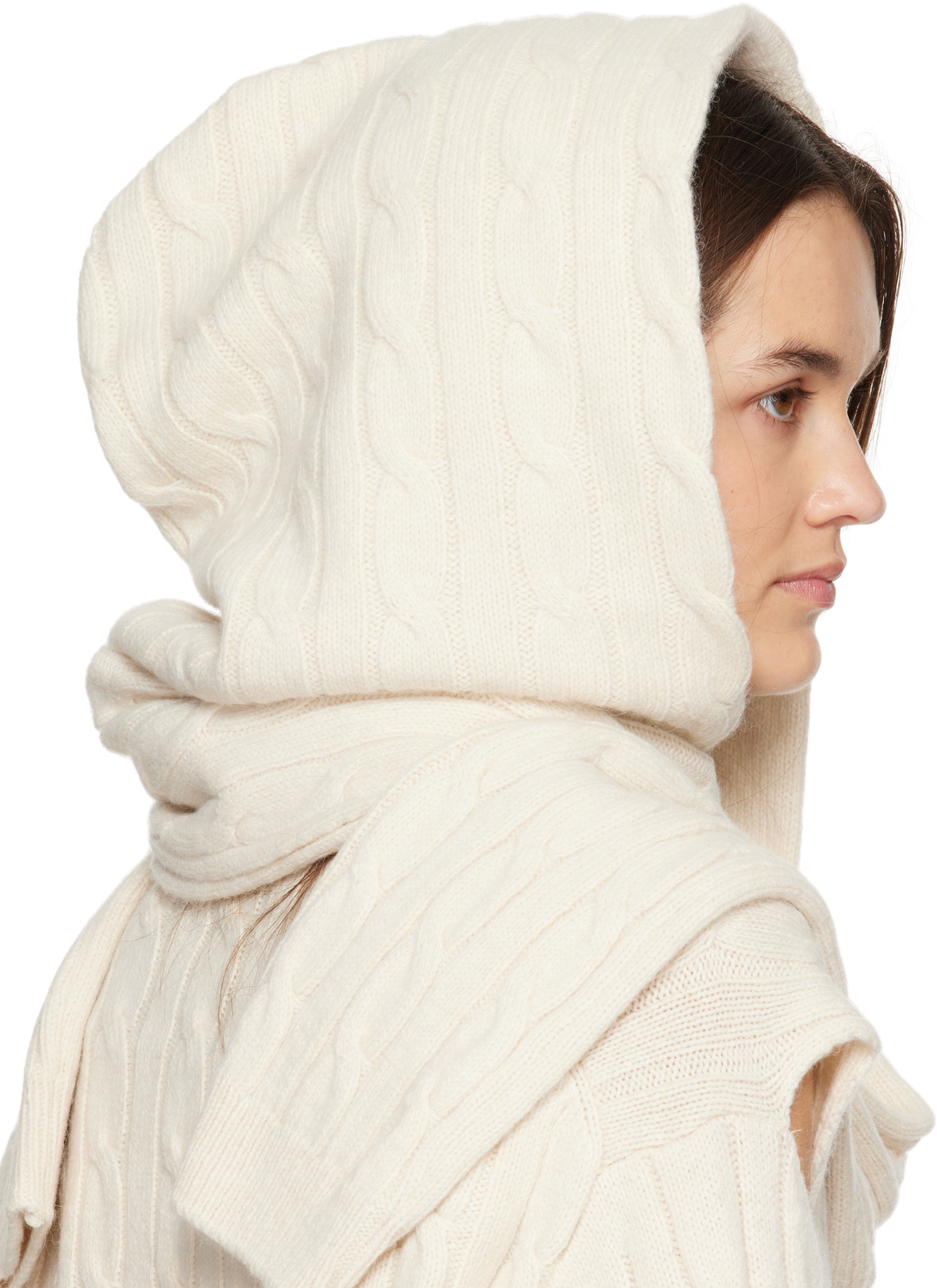 OPEN YY Off-White Convertible Cable Knit Hooded Scarf
