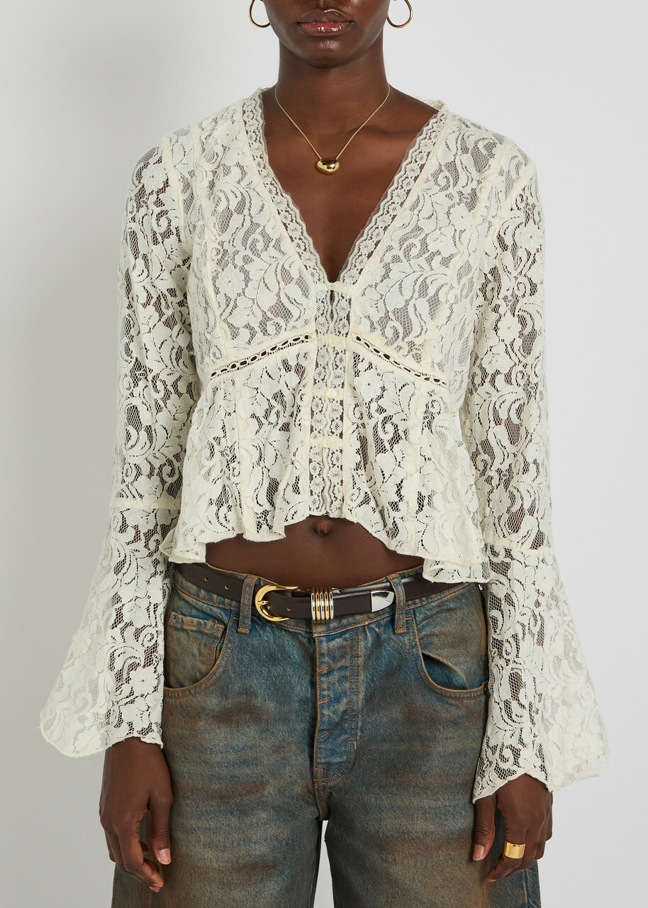 Free People Whispering Love Lace Cropped Blouse Cream