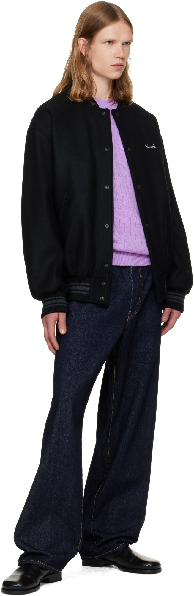 vowels Black Wool Varsity Bomber Jacket
