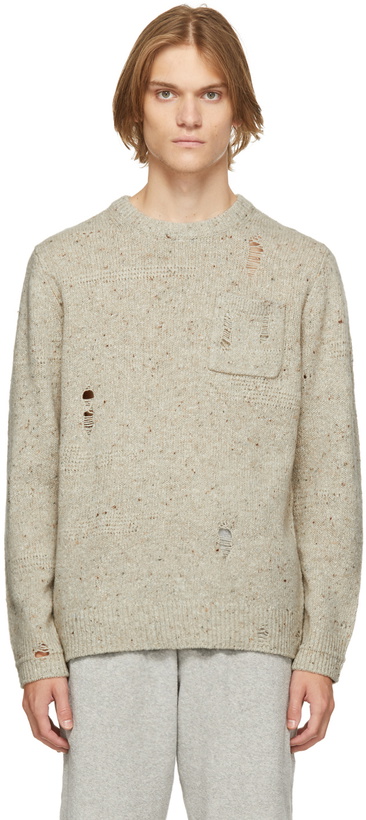 Photo: Helmut Lang Beige Distressed Knit Crewneck Sweater