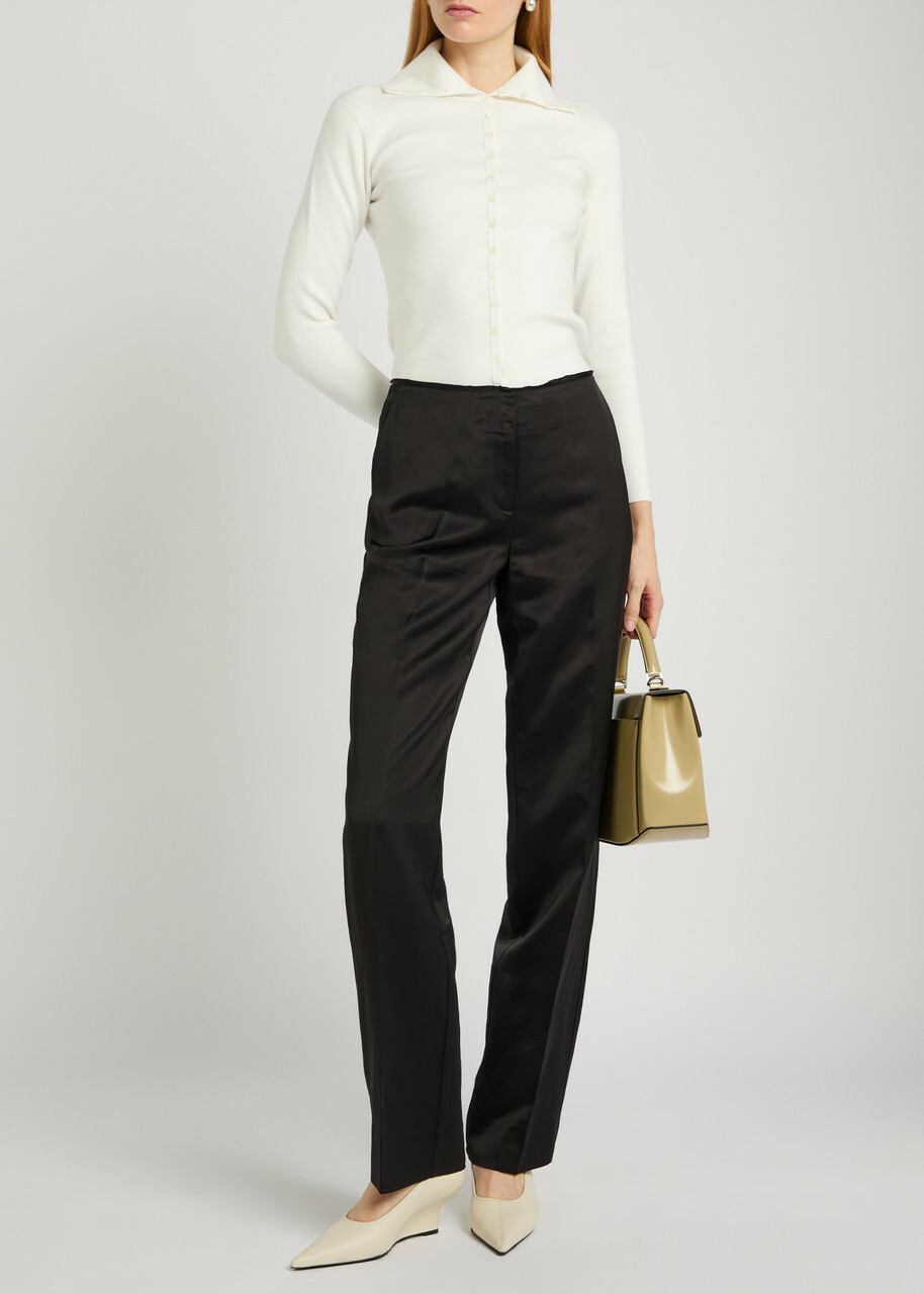 Toteme Raw-edged Straight-leg Satin Trousers Black