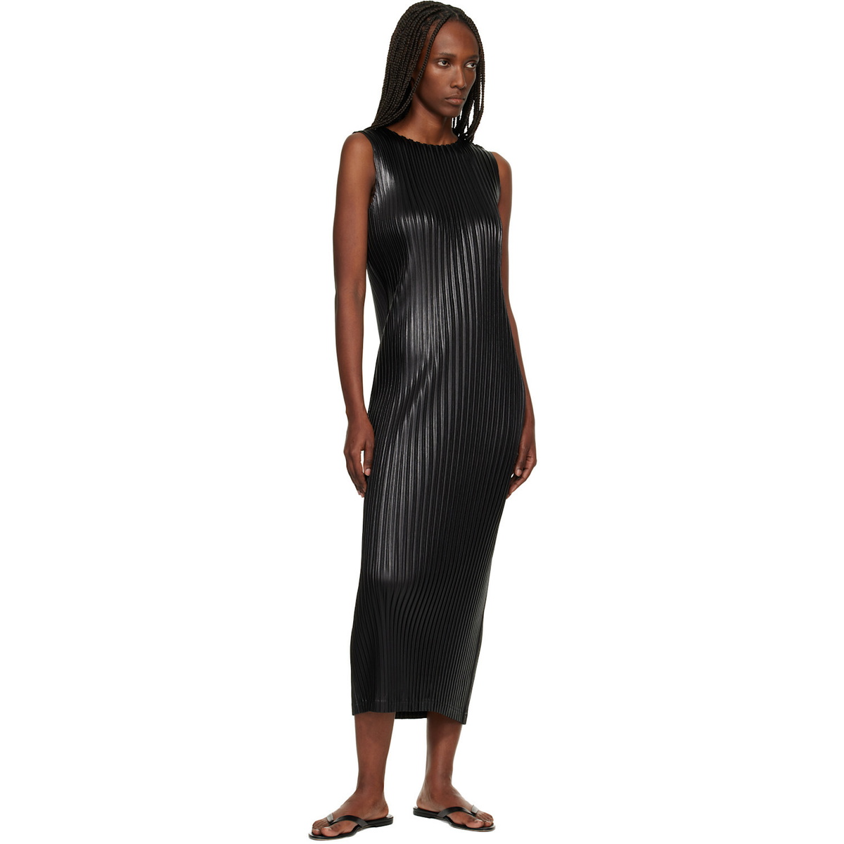 ISSEY MIYAKE Black Glossed Metal Pleats Midi Dress