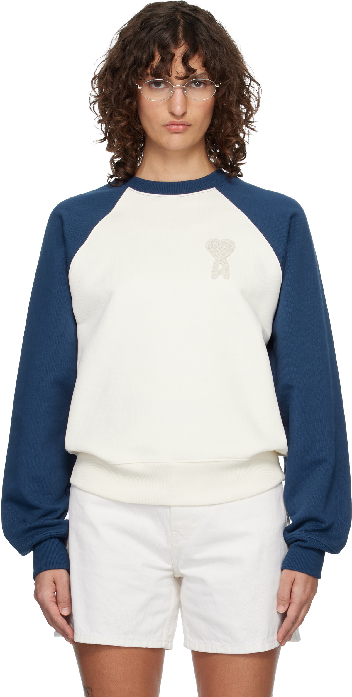 AMI Paris Off-White & Navy Cotton Knitted Ami de Coeur Sweatshirt
