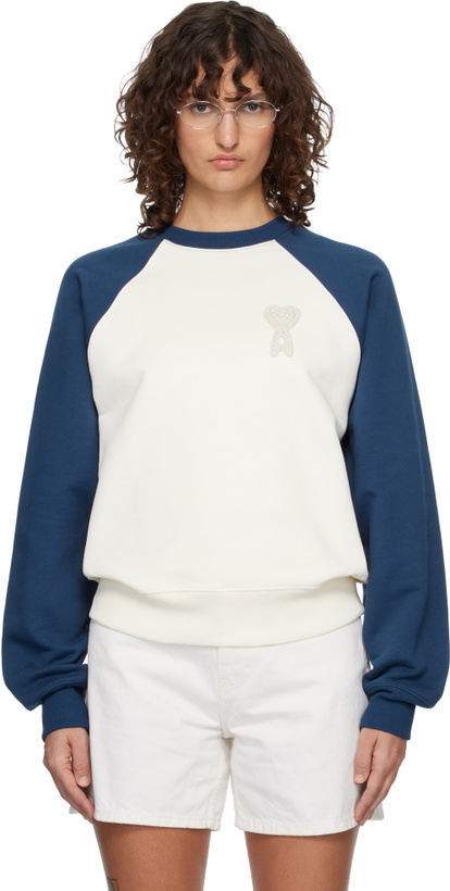 Photo: AMI Paris Off-White & Navy Cotton Knitted Ami de Coeur Sweatshirt