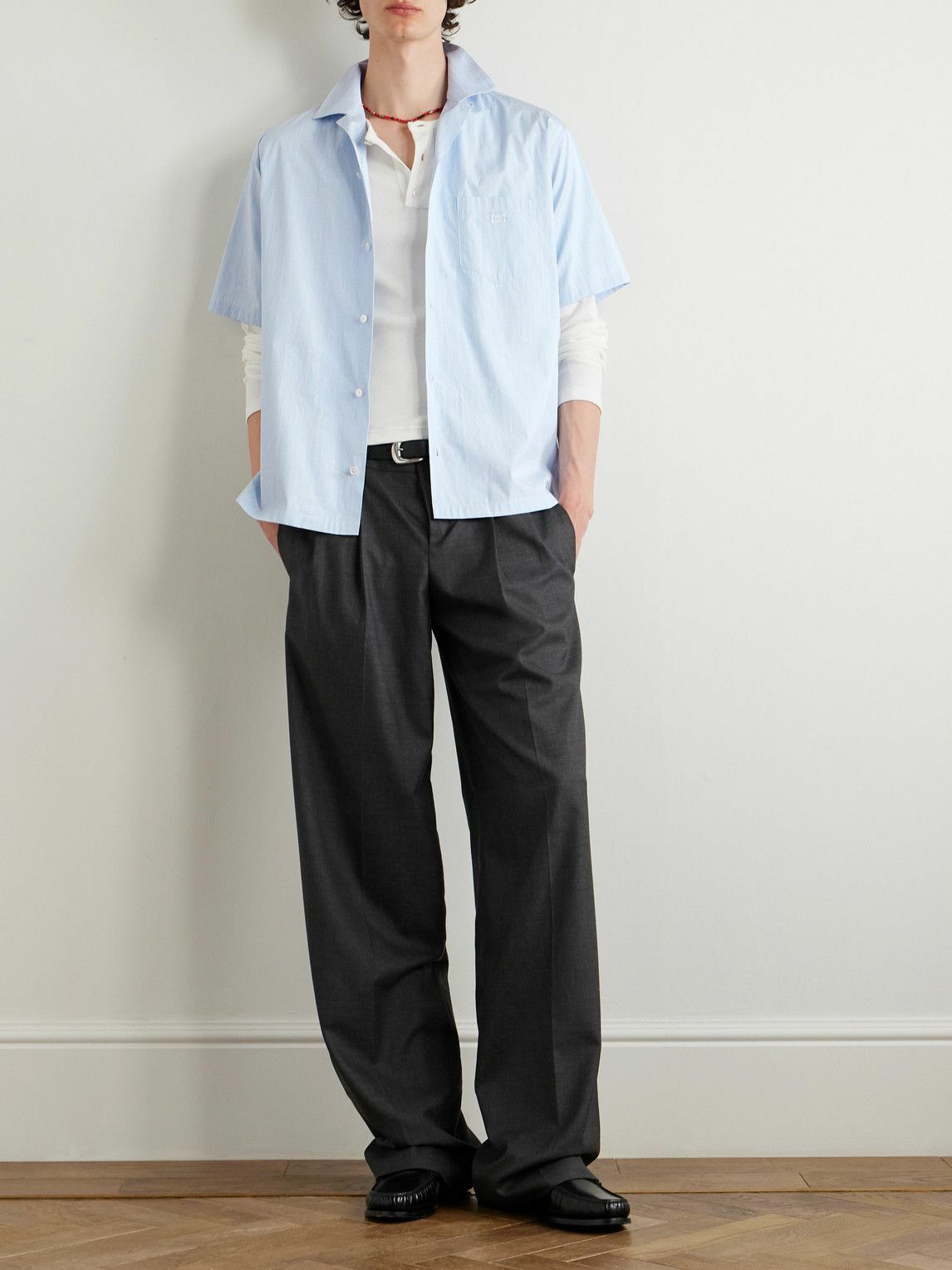 CELINE - Convertible-Collar Logo-Embroidered Striped Cotton-Poplin Shirt - Blue