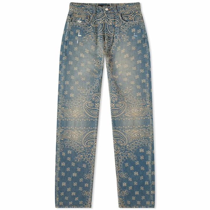 Photo: AMIRI Men's Plaid Staggered Logo Jeans in Perfect Indigo