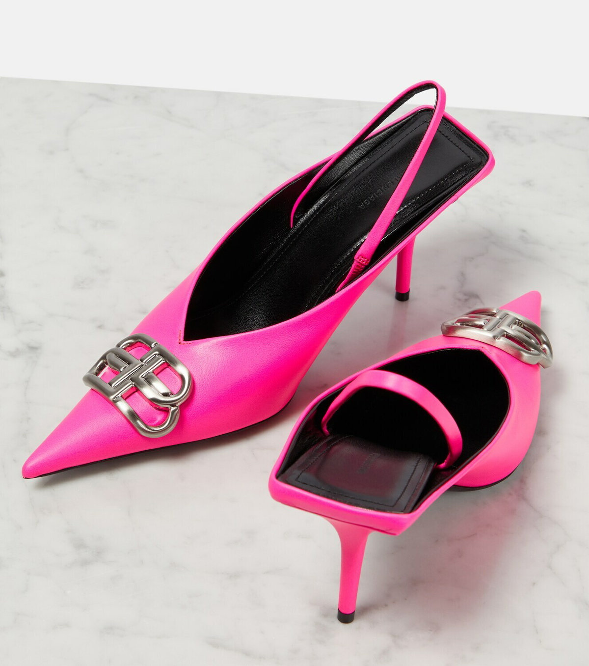 BALENCIAGA★BB Square Knife サテン ミュール スレートブルー Balenciaga - Square Knife BB python-effect leather mules