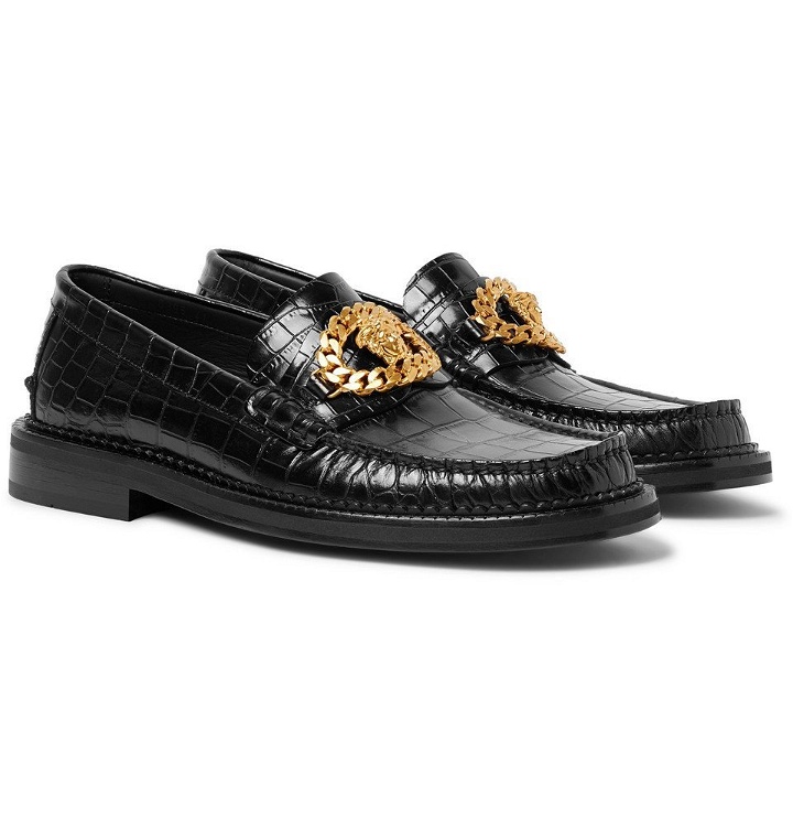 Photo: Versace - Embellished Croc-Effect Leather Loafers - Black