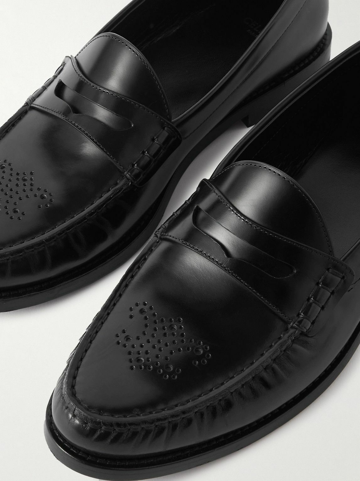 CELINE - Vivienne Perforated Glossed-Leather Penny Loafers - Black