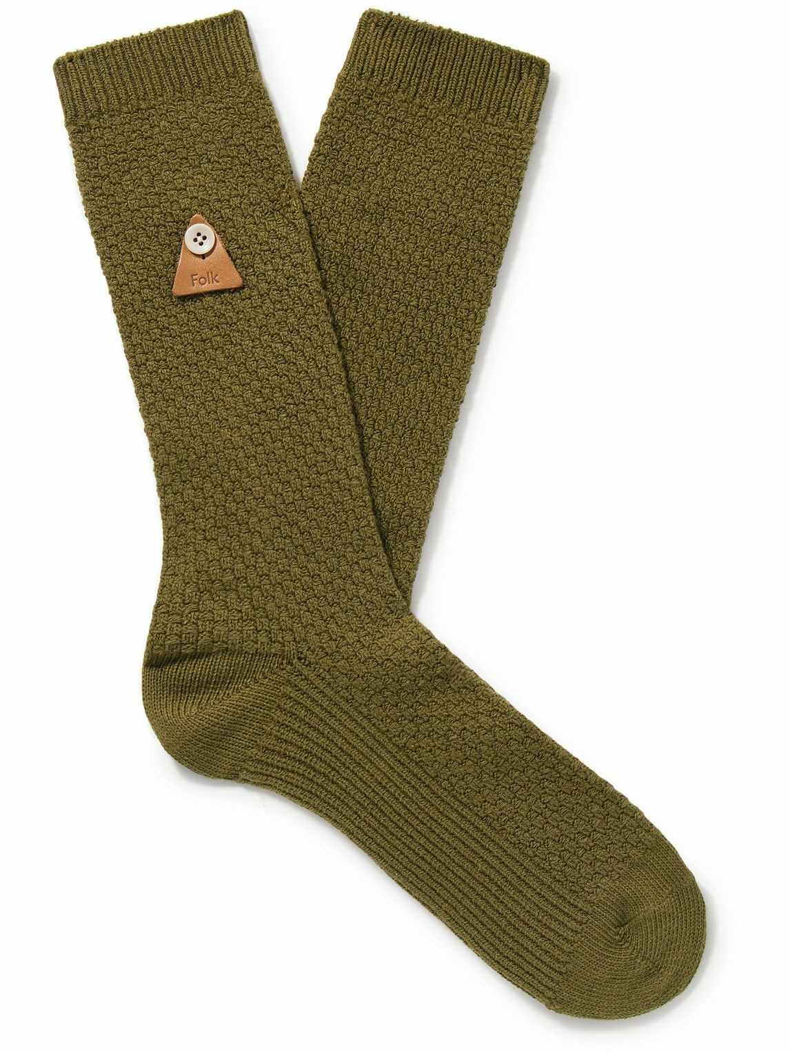 Photo: Folk - Leather-Trimmed Waffle-Knit Mercerised Cotton-Blend Socks - Green