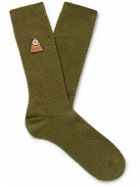 Folk - Leather-Trimmed Waffle-Knit Mercerised Cotton-Blend Socks - Green