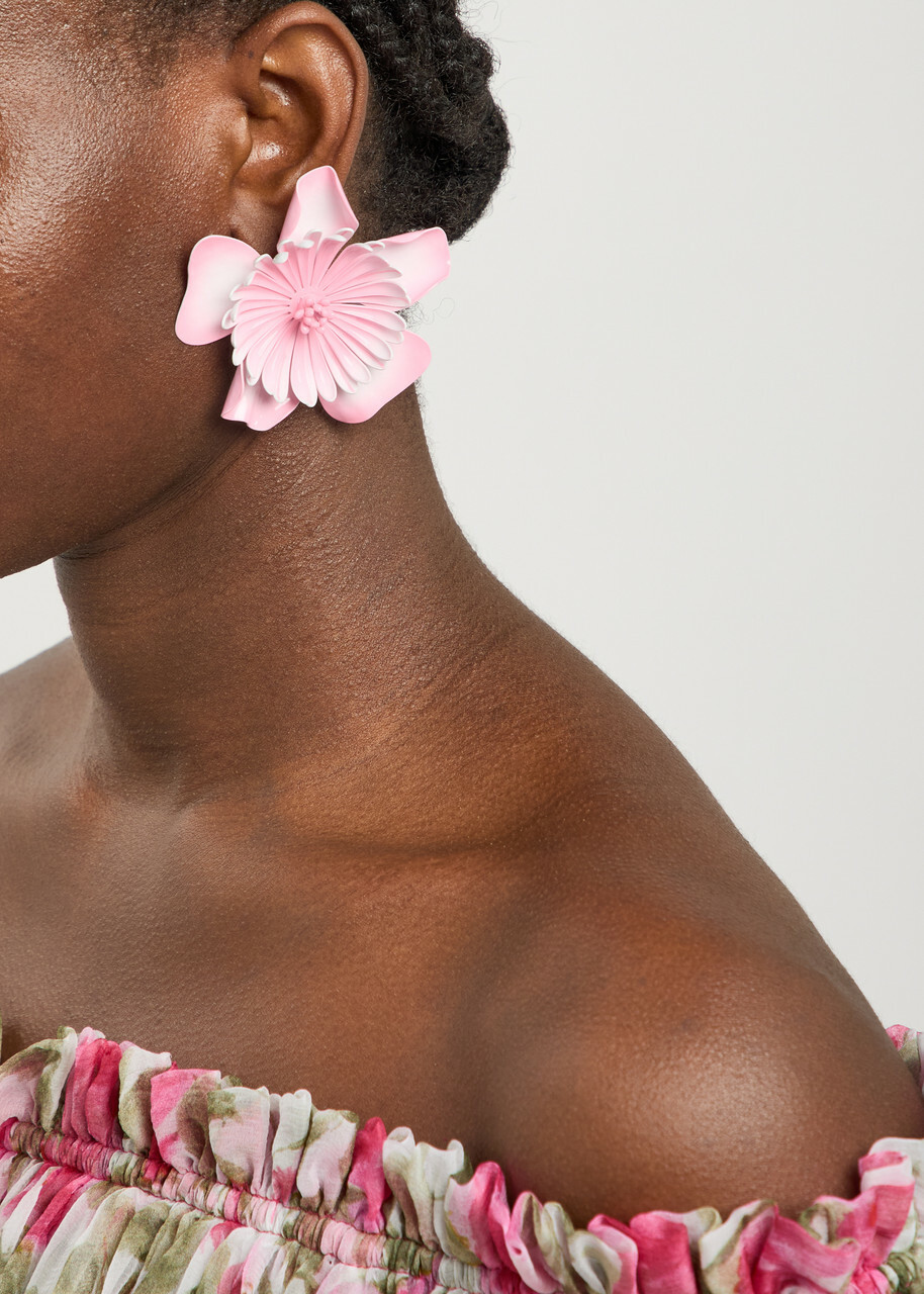 Chloe Bloom Flower Brass Earrings - Pink - One Size