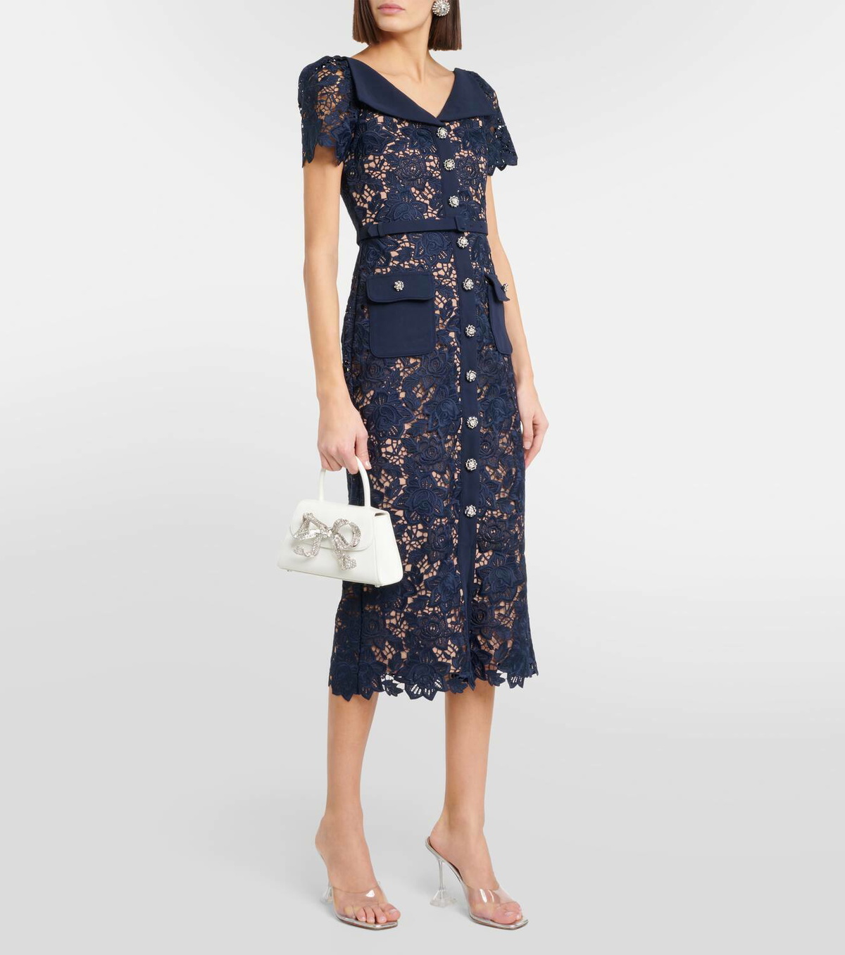 【SELF PORTRAIT】Lace midi dress Red Guipure Lace Button Midi Dress – self-portrait-US