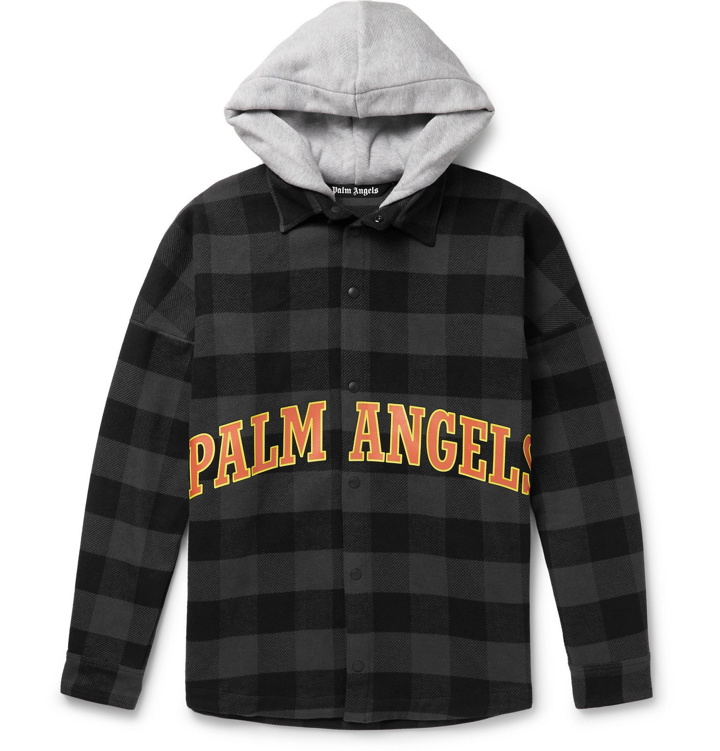 Photo: Palm Angels - Oversized Logo-Print Checked Cotton-Blend Flannel Hooded Overshirt - Gray