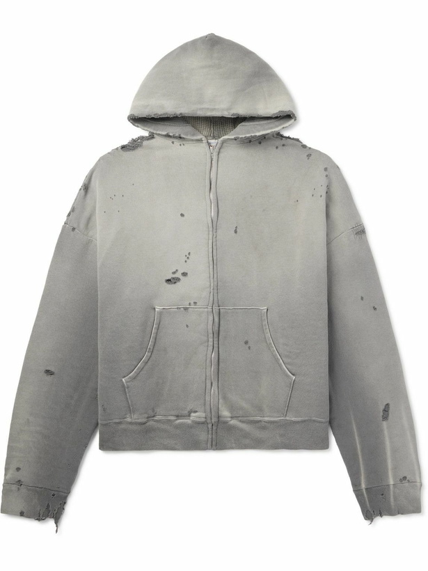 Photo: SAINT MXXXXXX - Distressed Cotton-Jersey Zip-Up Hoodie - Gray