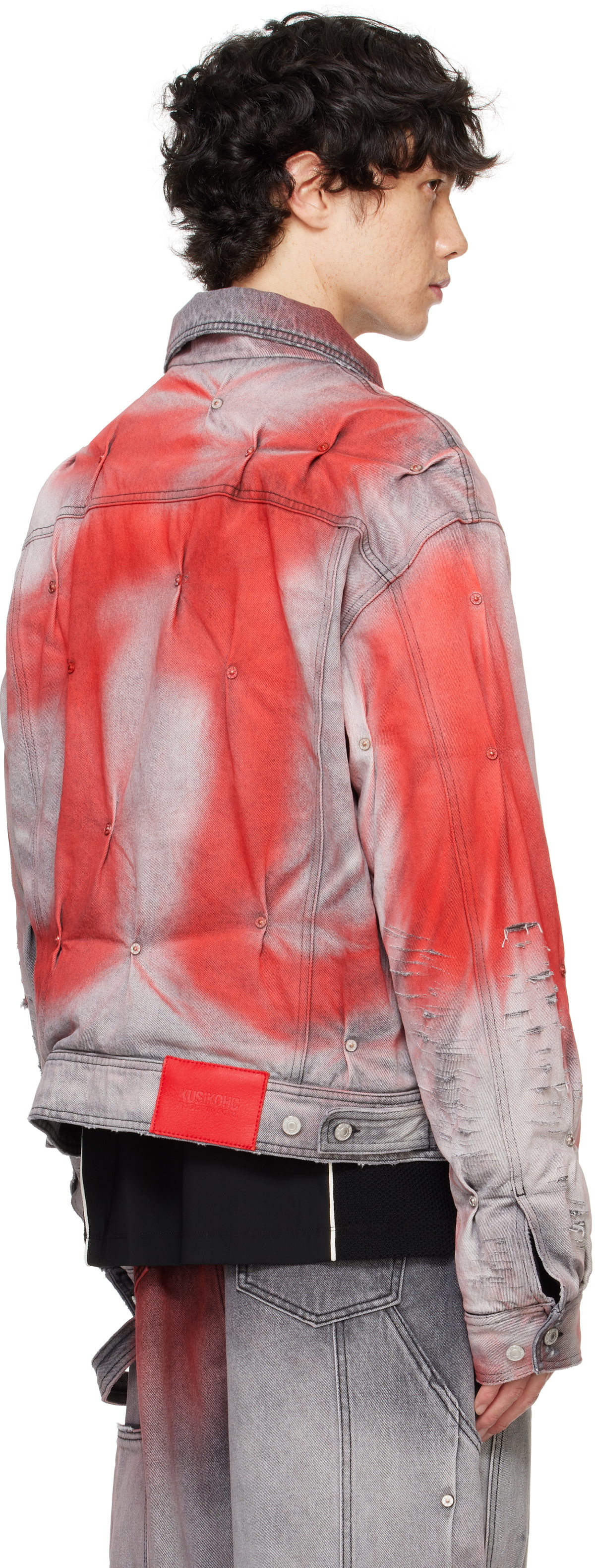 KUSIKOHC Gray & Red Padded Multi Rivet Denim Jacket