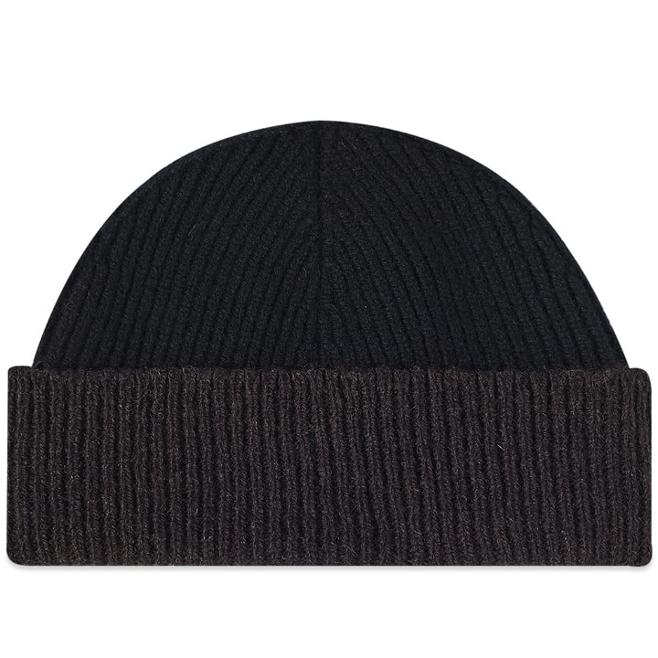 Photo: MHL by Margaret Howell Men's MHL. by Margaret Howell Two Yarn Beanie in Black/Brown