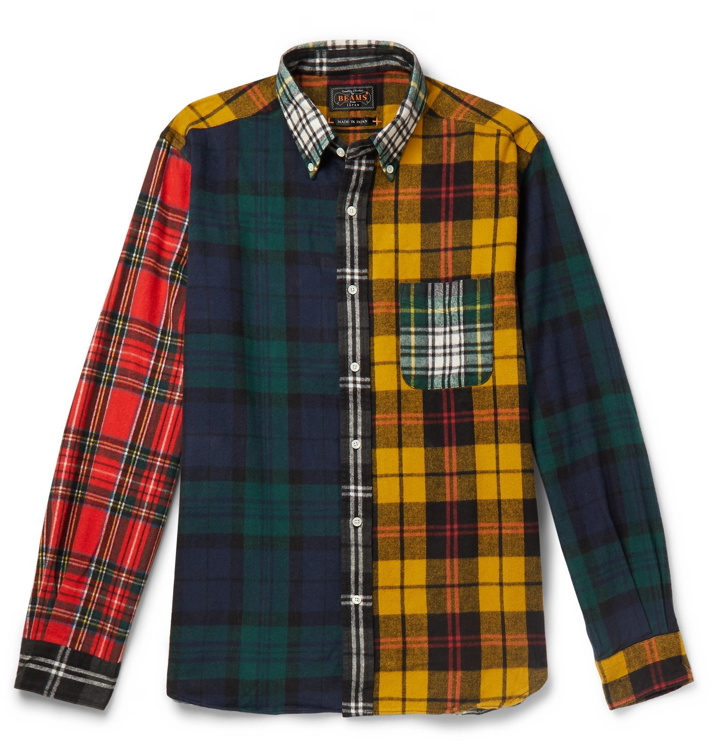 Photo: Beams Plus - Button-Down Collar Patchwork Checked Cotton-Flannel Shirt - Multi