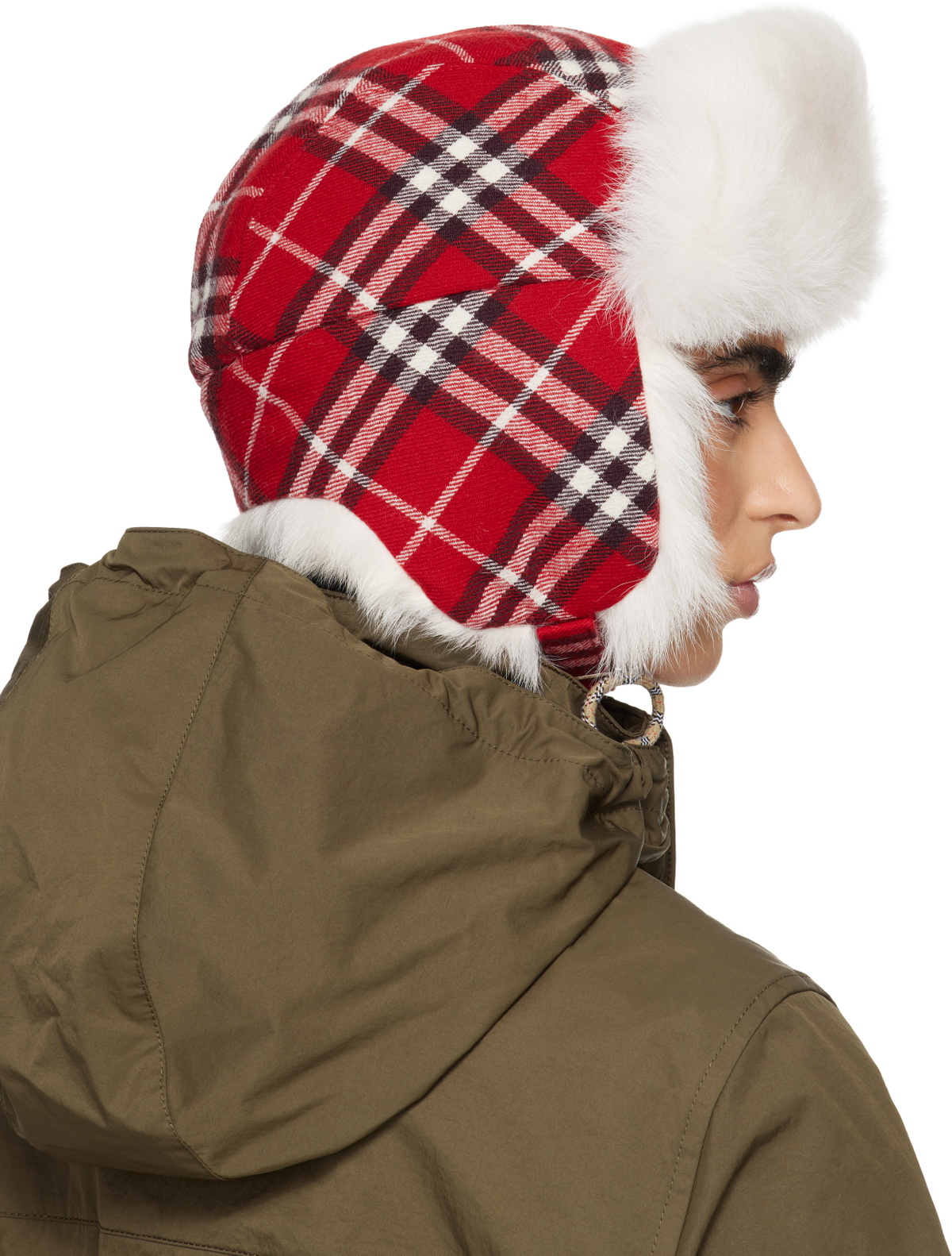 Burberry Red & Off-White Check Wool Trapper Hat