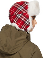 Burberry Red & Off-White Check Wool Trapper Hat