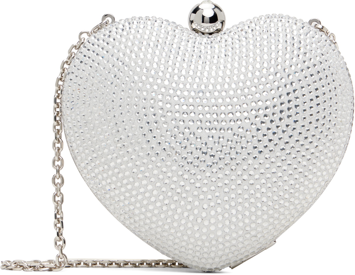 MACH & MACH White Crystal Heart Suede Clutch