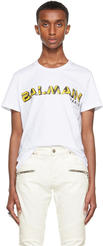 Photo: Balmain White & Yellow Graphic Logo T-Shirt