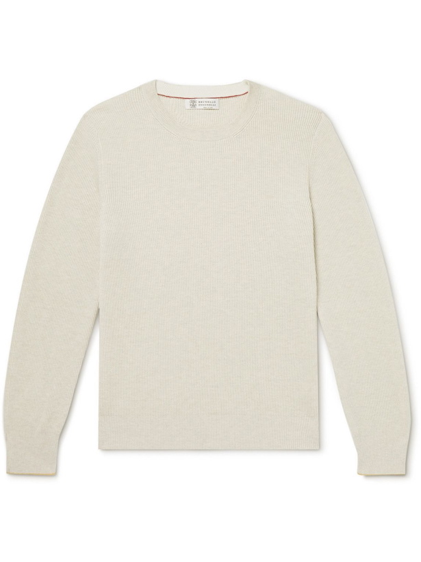Photo: Brunello Cucinelli - Slim-Fit Ribbed Cotton Sweater - Neutrals