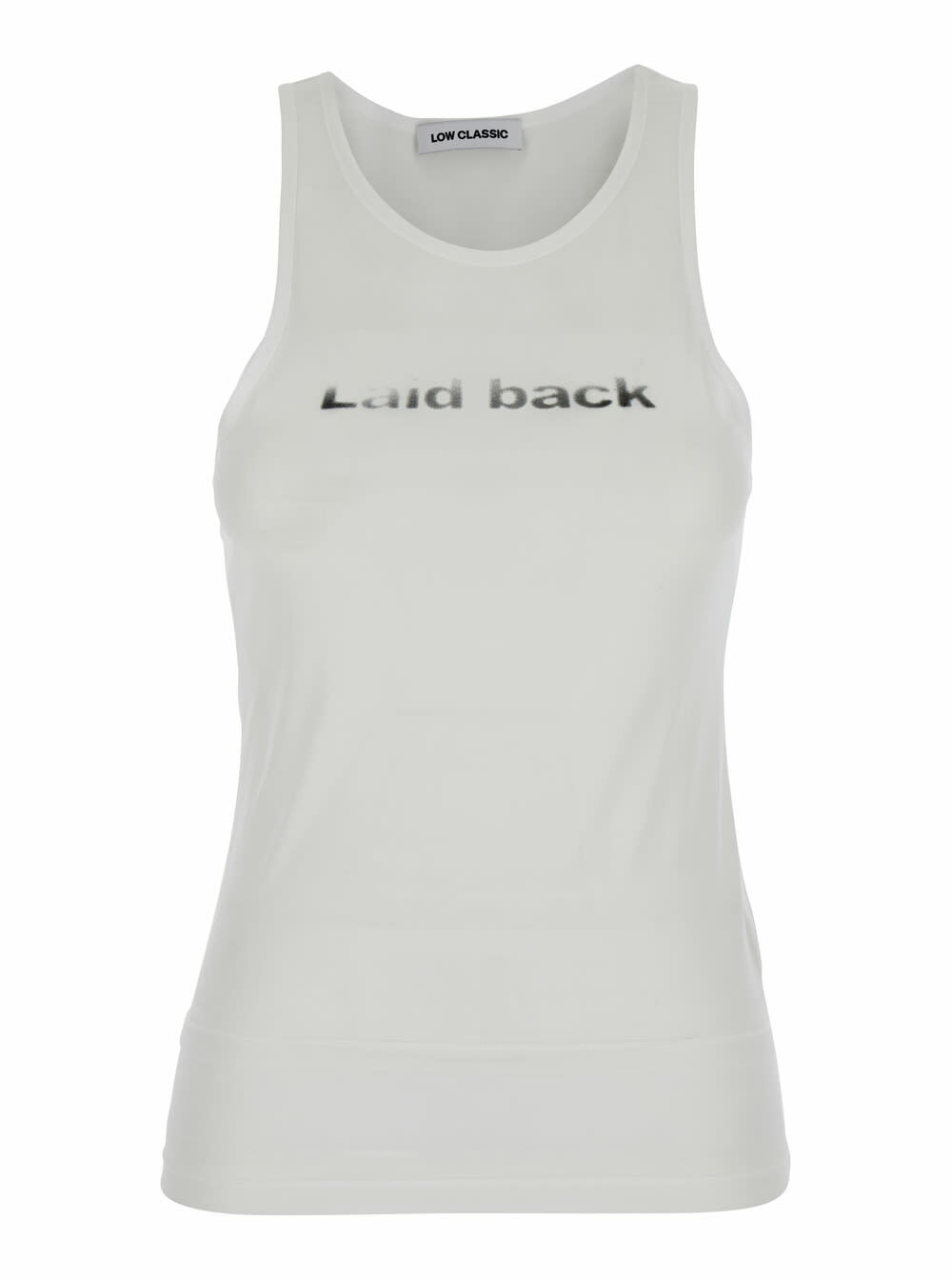 Low Classic laid Back White Sleeveless Top With Round Neck And Print On The Front In Tech Fabric Woman