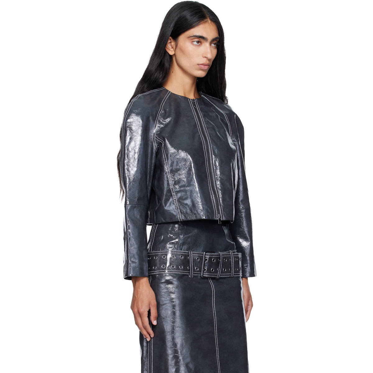 Diesel Gray Patent-Leather Cocoon Sleeve Jacket