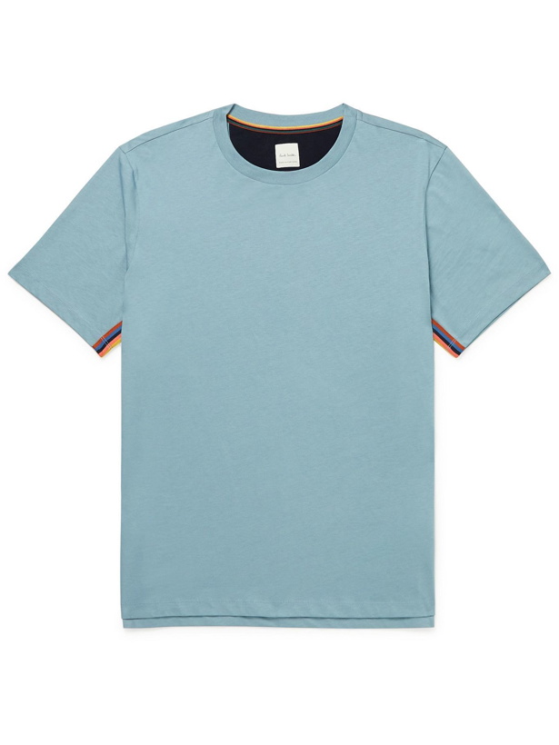 Photo: PAUL SMITH - Striped Webbing-Trimmed Cotton-Jersey T-Shirt - Blue
