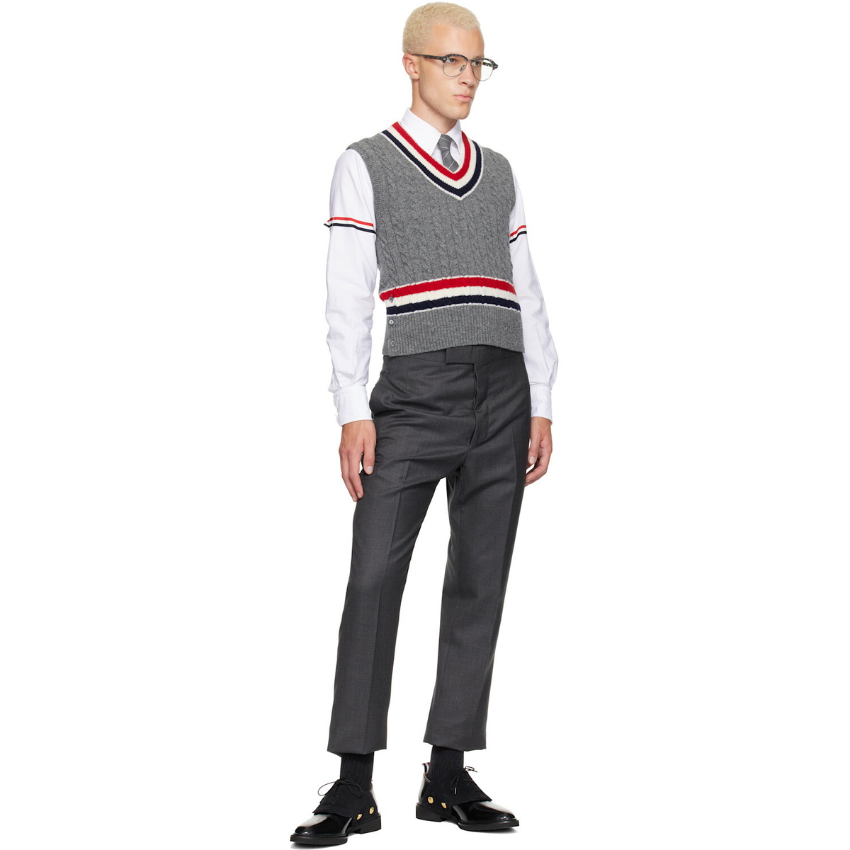 Thom Browne Gray Baby Cable V-Neck Cricket RWB Vest