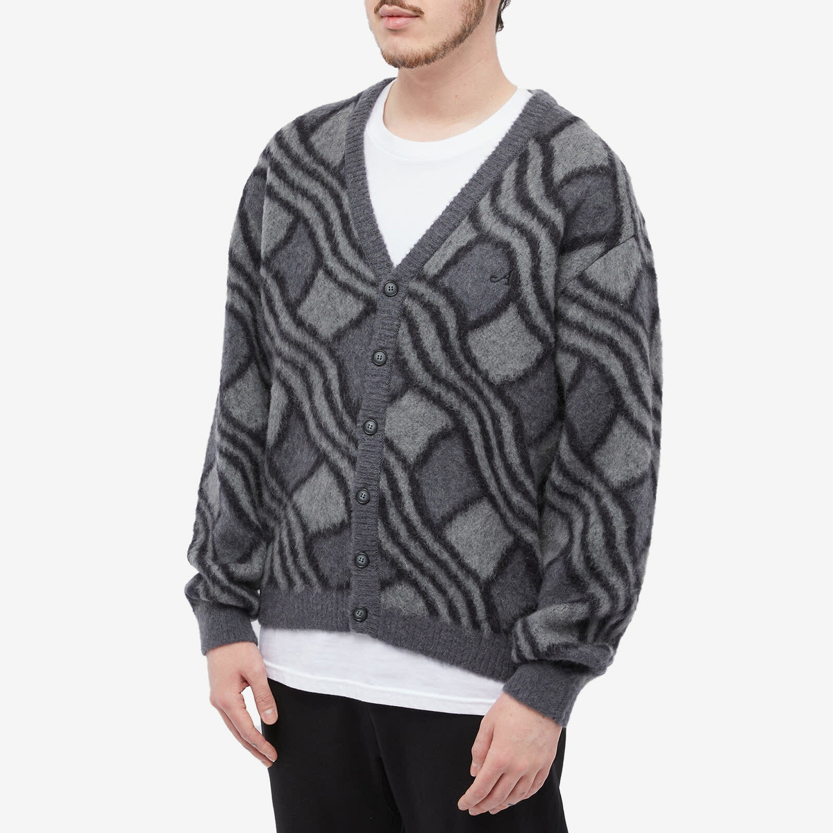 Awake NY Men's Wavy Jacquard Mohair Cardigan in Coarcoal/Grey Awake NY
