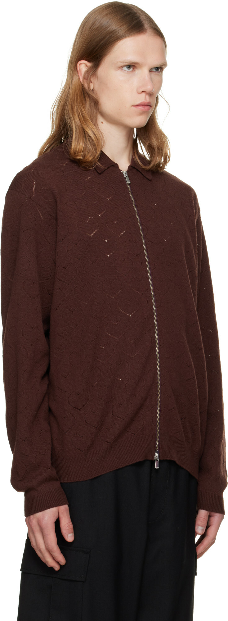 vowels Brown Eyelet Knitted Zip-Up Sweater