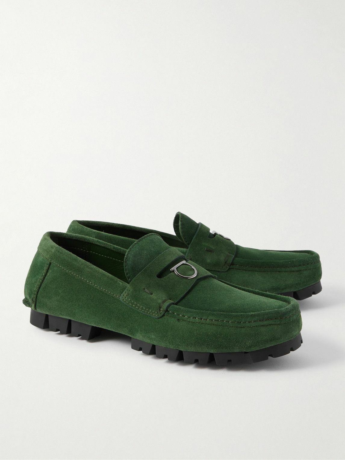 FERRAGAMO - Embellished Suede Driving Shoes - Green  display picture 3